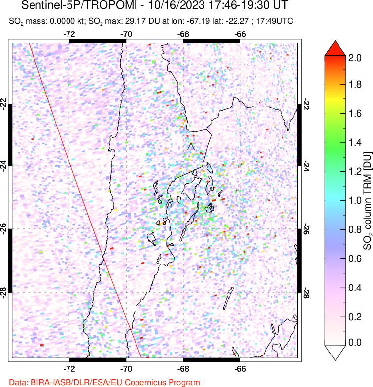 A sulfur dioxide image over Northern Chile on Oct 16, 2023.