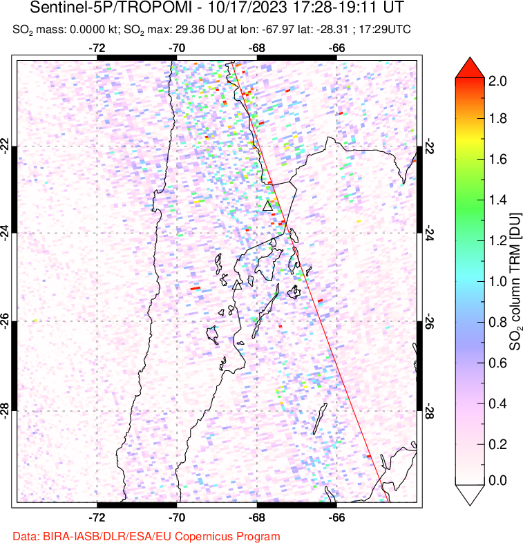 A sulfur dioxide image over Northern Chile on Oct 17, 2023.