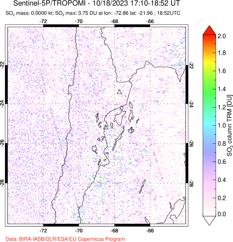 A sulfur dioxide image over Northern Chile on Oct 18, 2023.