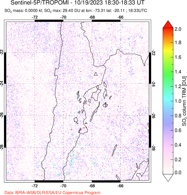 A sulfur dioxide image over Northern Chile on Oct 19, 2023.