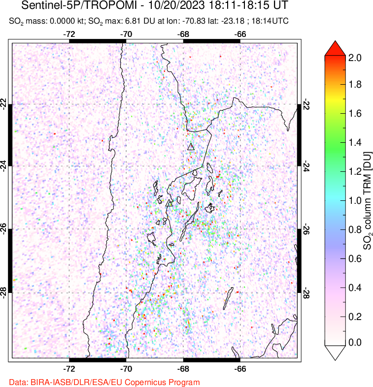 A sulfur dioxide image over Northern Chile on Oct 20, 2023.