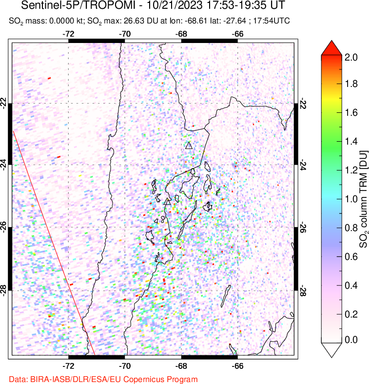 A sulfur dioxide image over Northern Chile on Oct 21, 2023.