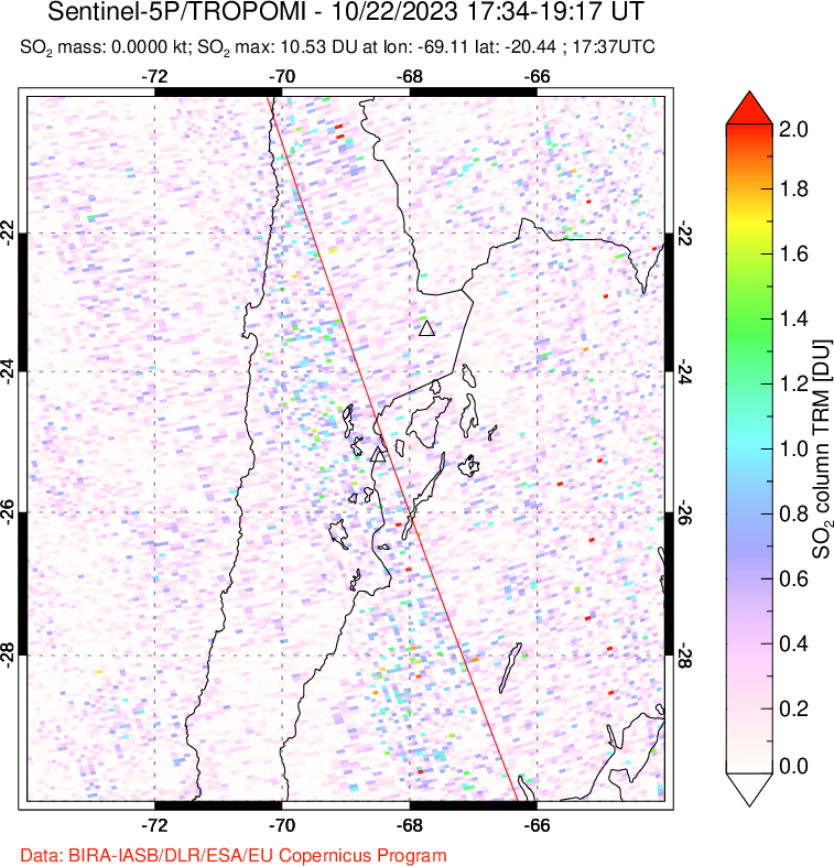 A sulfur dioxide image over Northern Chile on Oct 22, 2023.