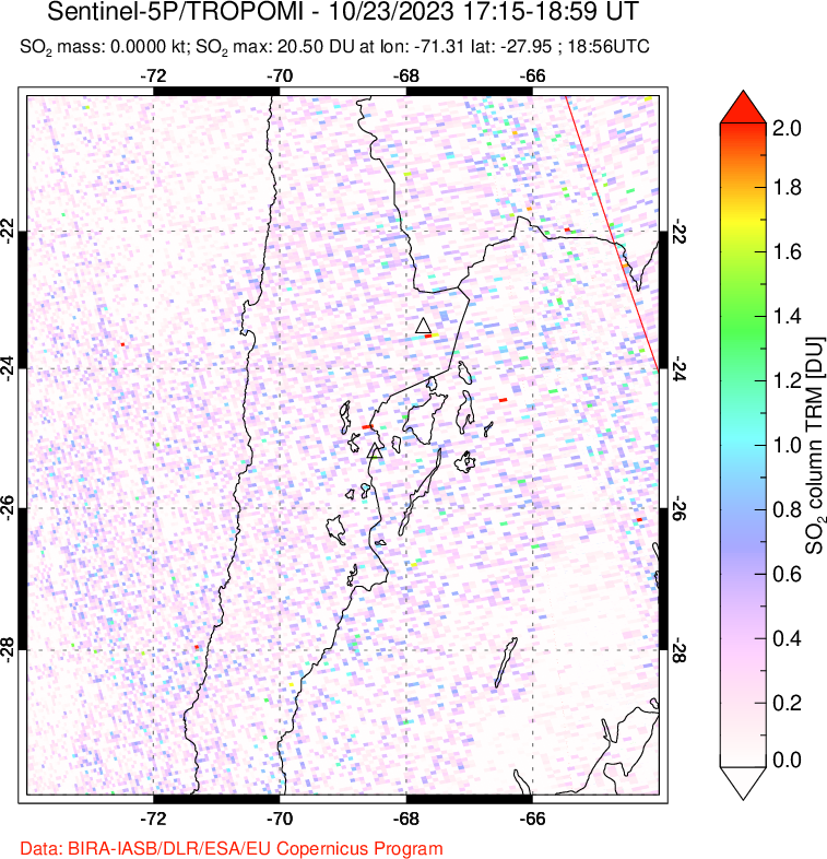 A sulfur dioxide image over Northern Chile on Oct 23, 2023.