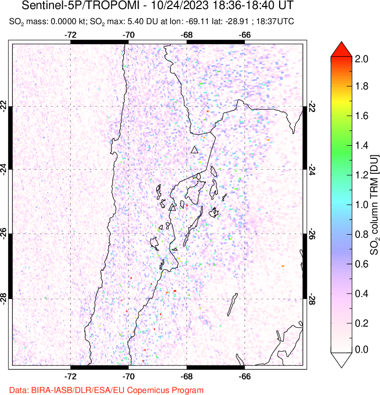 A sulfur dioxide image over Northern Chile on Oct 24, 2023.