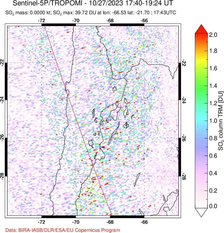 A sulfur dioxide image over Northern Chile on Oct 27, 2023.