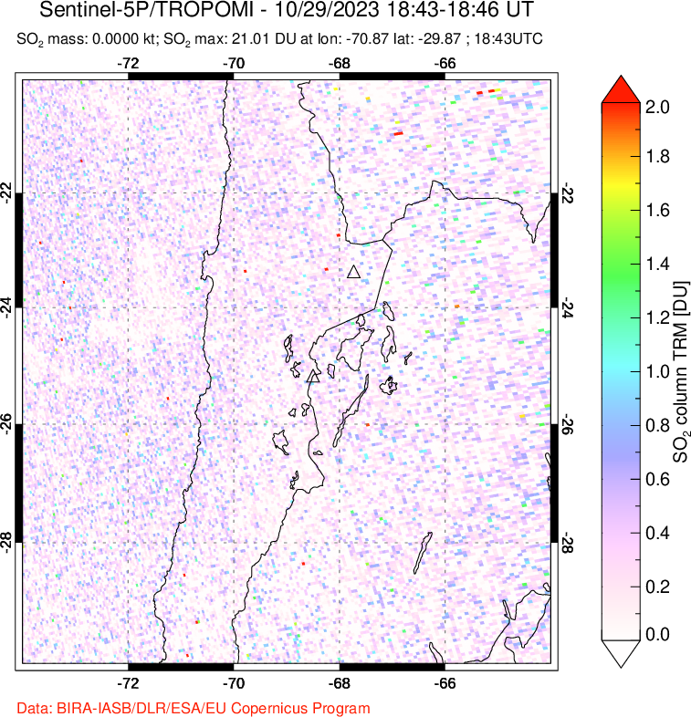 A sulfur dioxide image over Northern Chile on Oct 29, 2023.