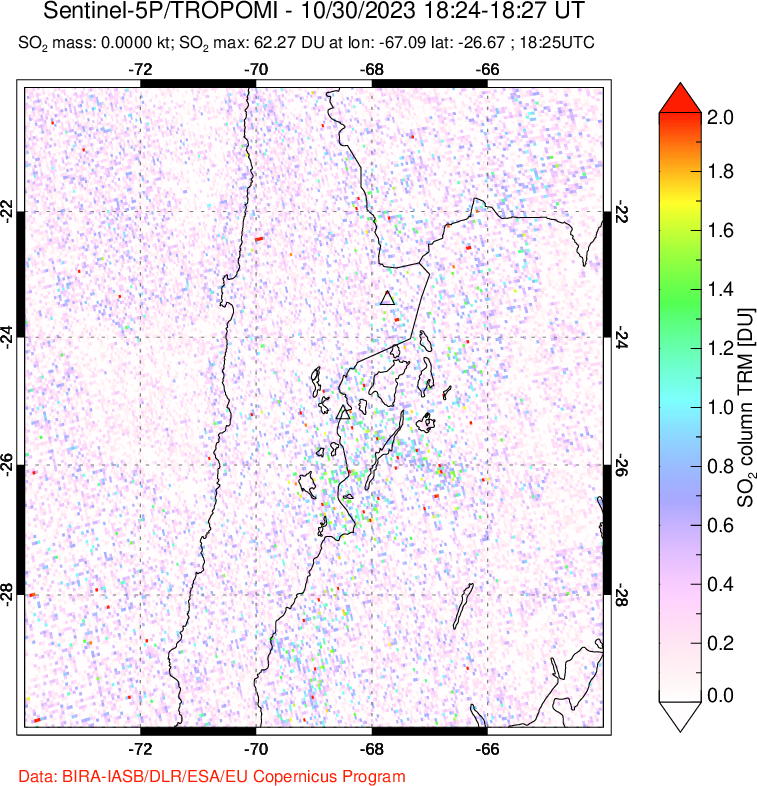 A sulfur dioxide image over Northern Chile on Oct 30, 2023.