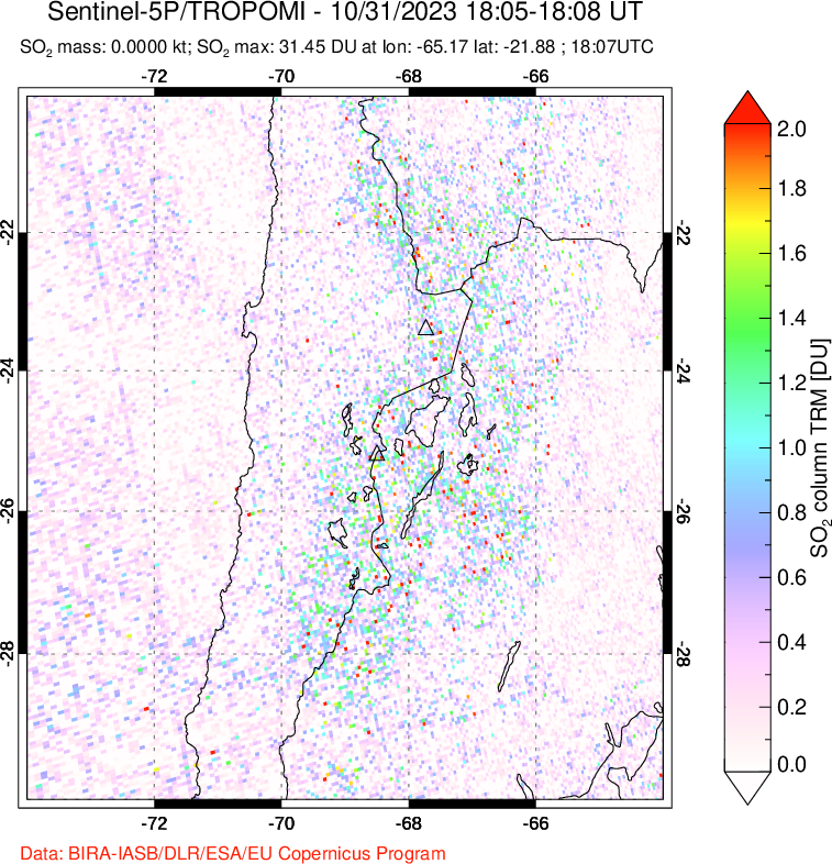 A sulfur dioxide image over Northern Chile on Oct 31, 2023.