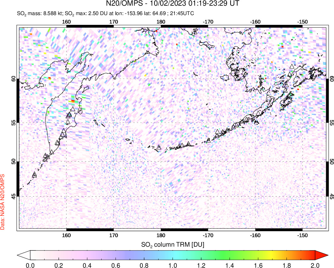 A sulfur dioxide image over North Pacific on Oct 02, 2023.