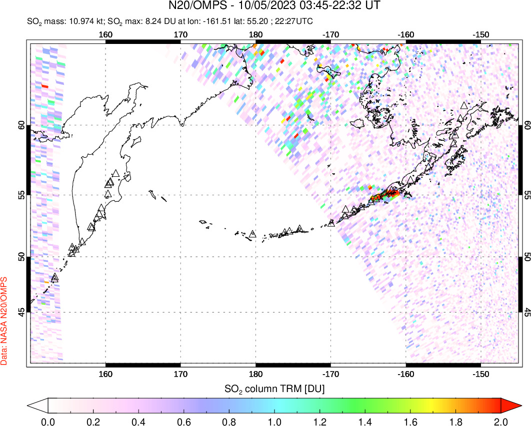 A sulfur dioxide image over North Pacific on Oct 05, 2023.