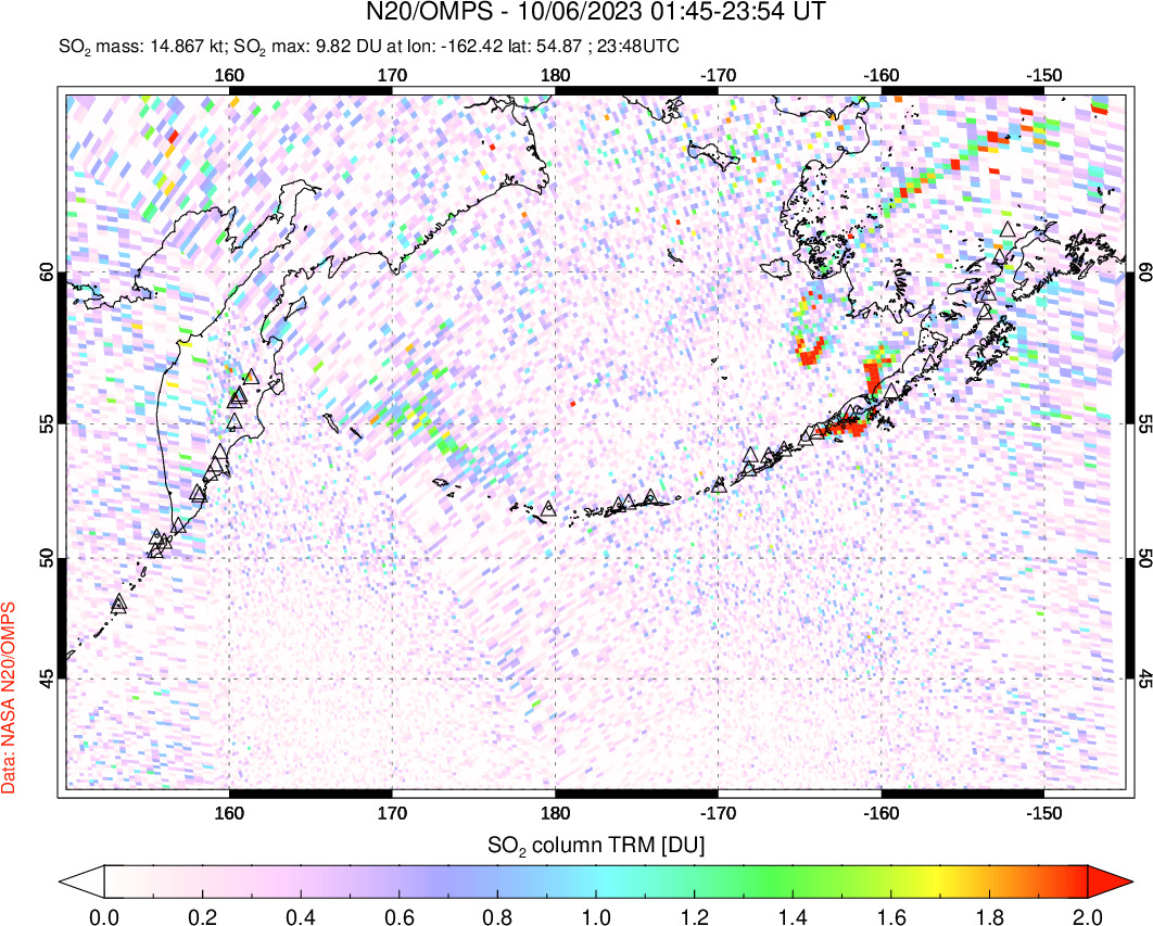 A sulfur dioxide image over North Pacific on Oct 06, 2023.