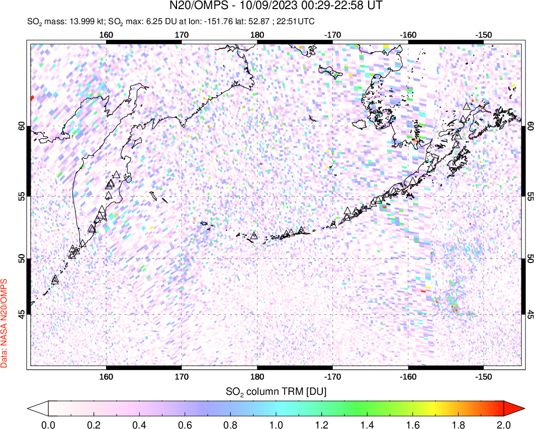 A sulfur dioxide image over North Pacific on Oct 09, 2023.