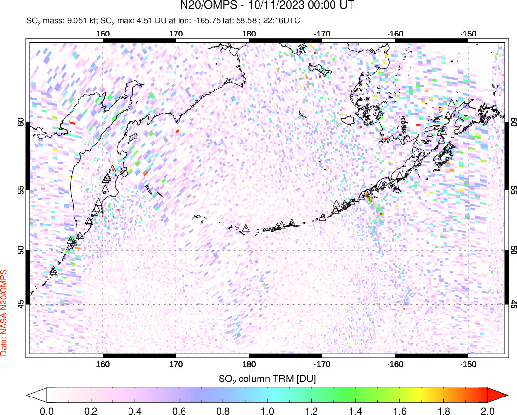 A sulfur dioxide image over North Pacific on Oct 11, 2023.