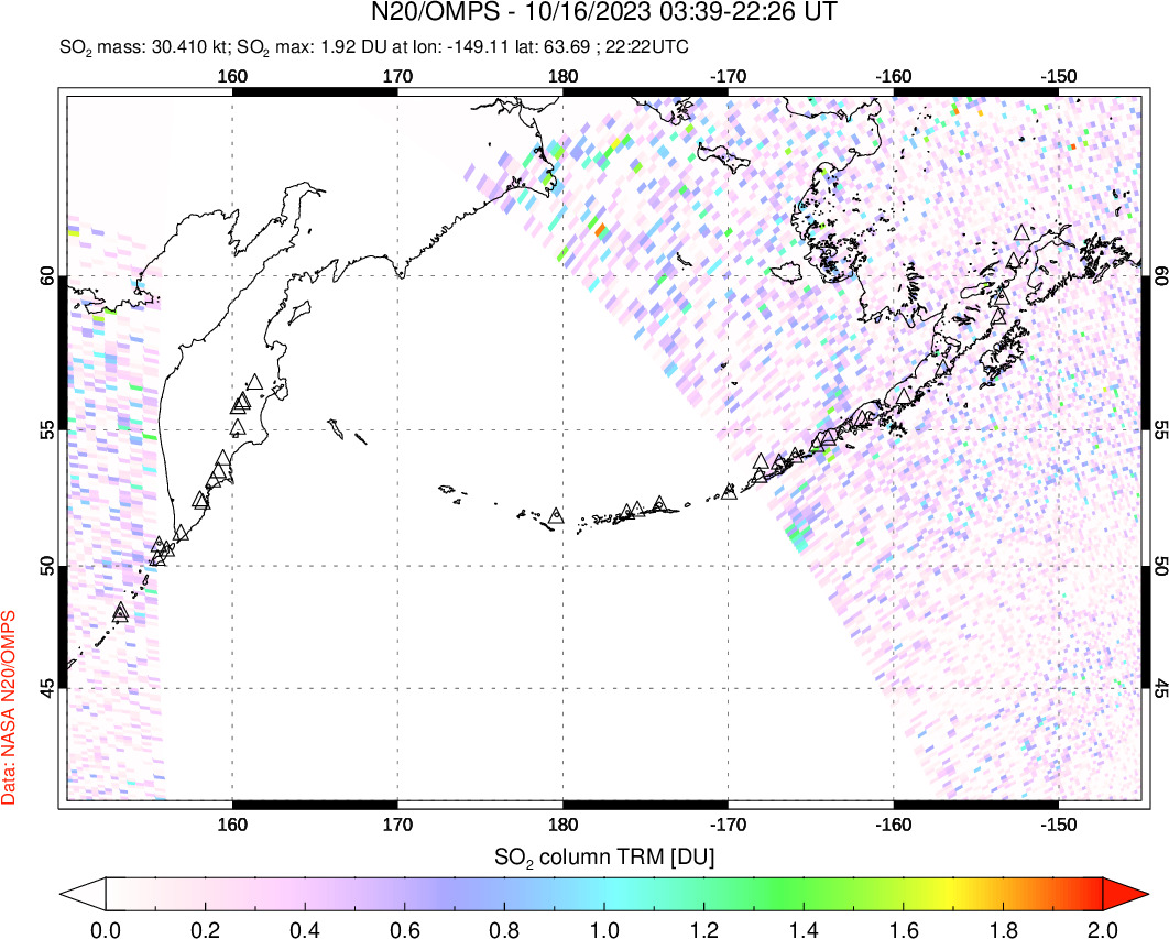 A sulfur dioxide image over North Pacific on Oct 16, 2023.