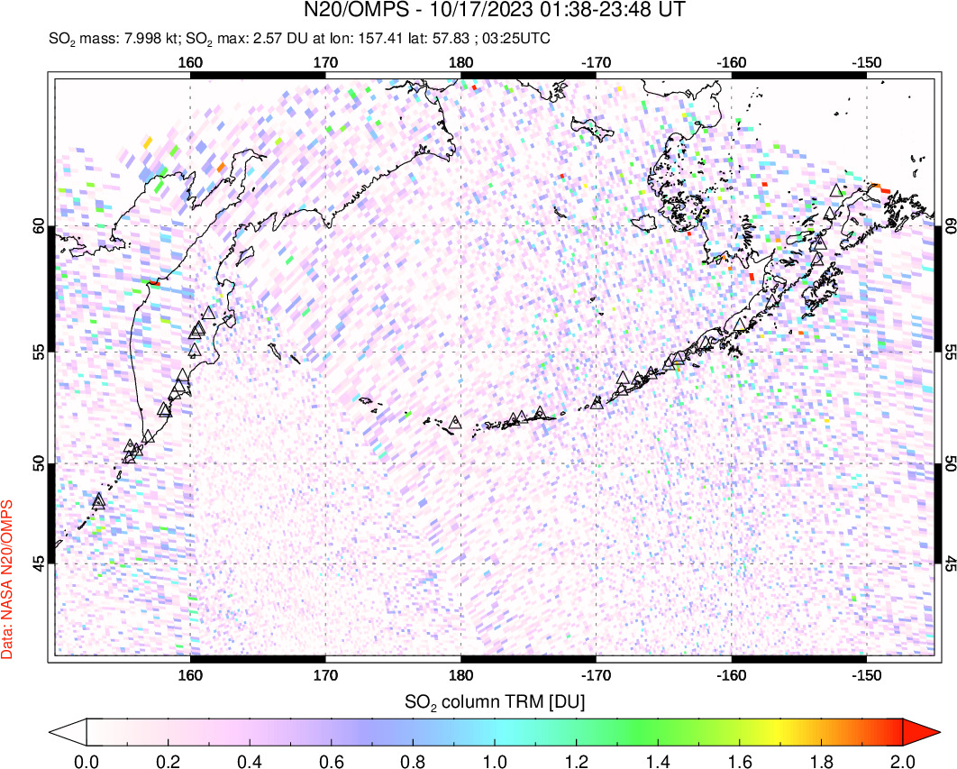 A sulfur dioxide image over North Pacific on Oct 17, 2023.