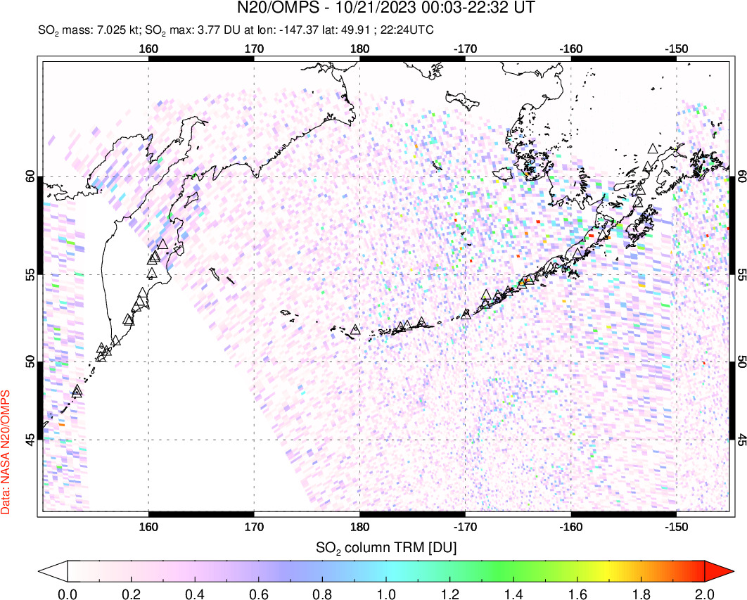 A sulfur dioxide image over North Pacific on Oct 21, 2023.