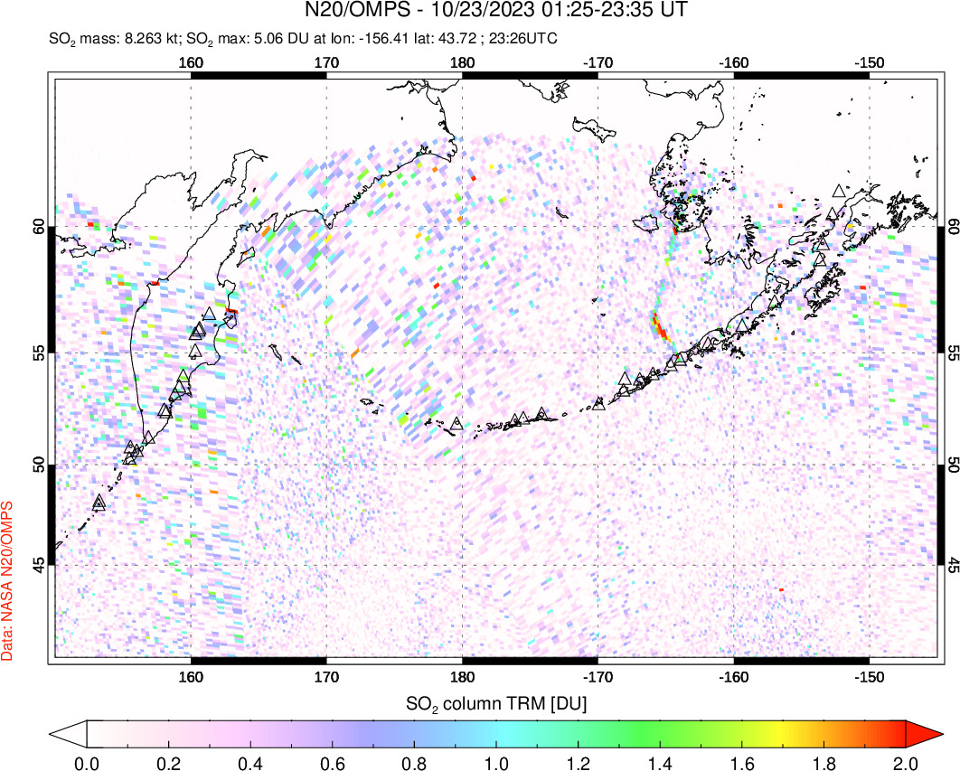 A sulfur dioxide image over North Pacific on Oct 23, 2023.