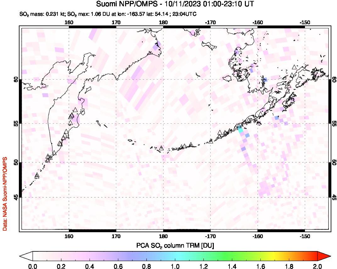 A sulfur dioxide image over North Pacific on Oct 11, 2023.