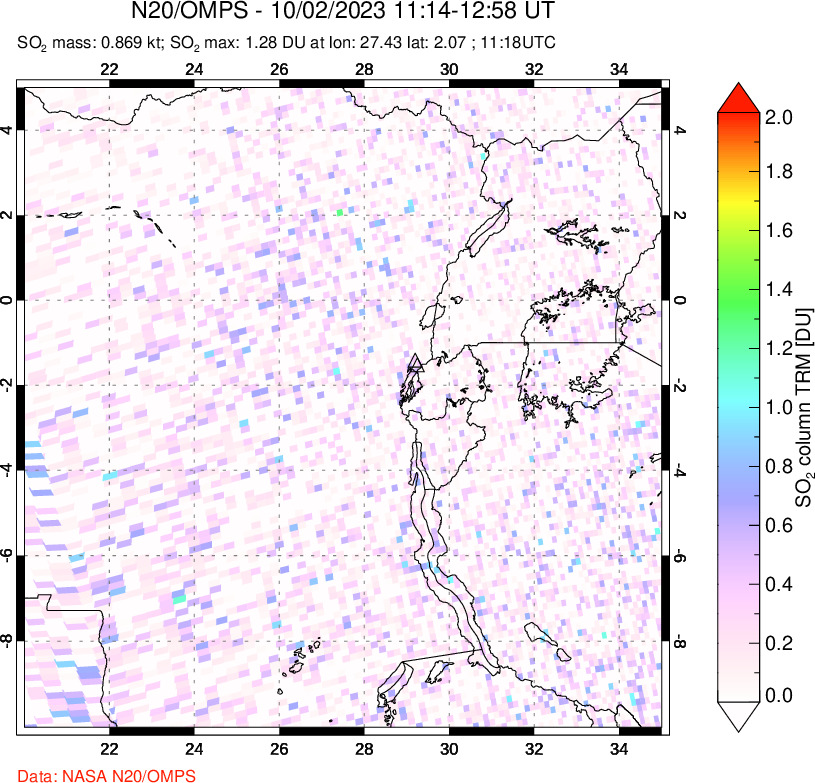 A sulfur dioxide image over Nyiragongo, DR Congo on Oct 02, 2023.