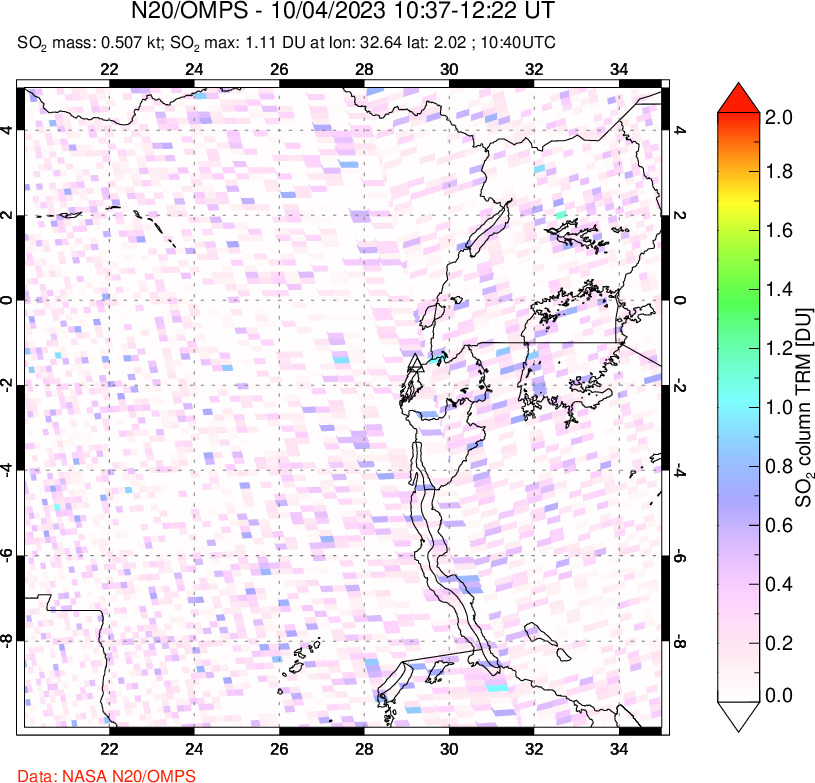 A sulfur dioxide image over Nyiragongo, DR Congo on Oct 04, 2023.