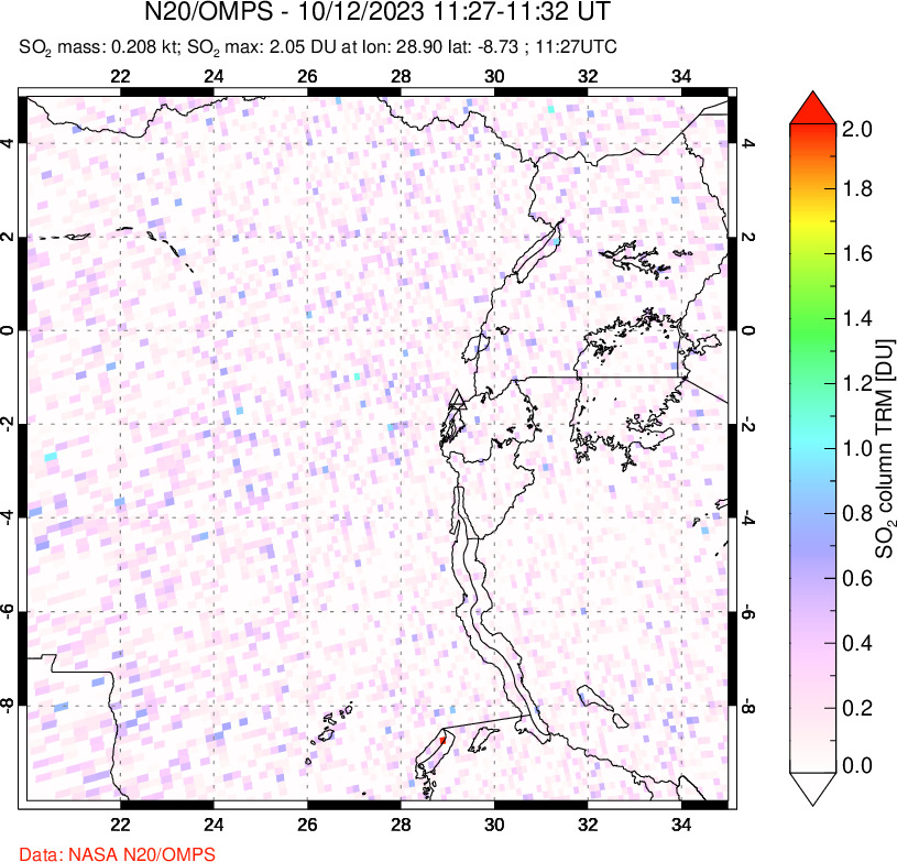 A sulfur dioxide image over Nyiragongo, DR Congo on Oct 12, 2023.