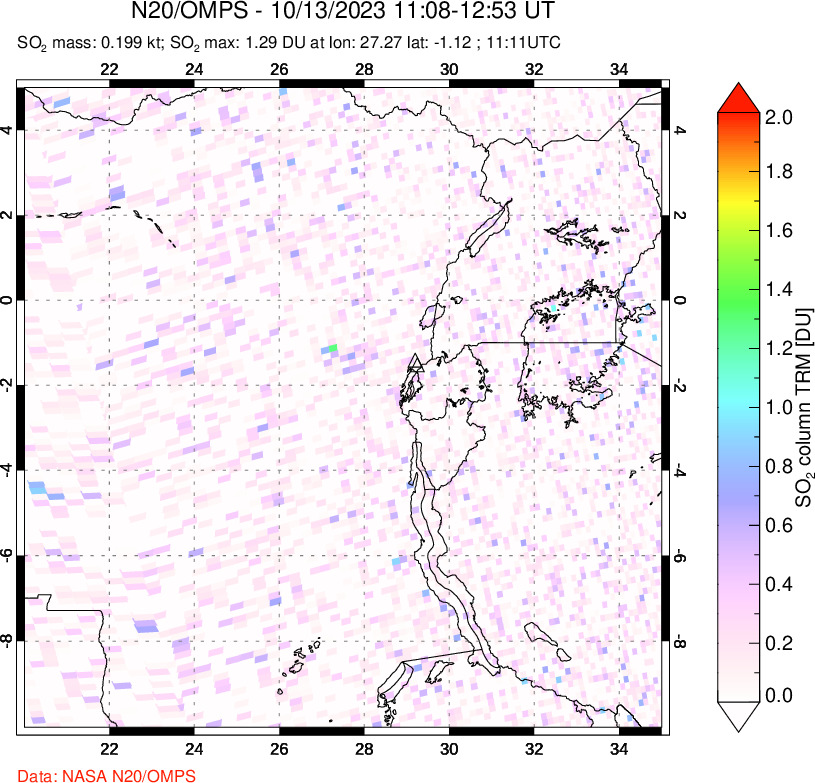 A sulfur dioxide image over Nyiragongo, DR Congo on Oct 13, 2023.