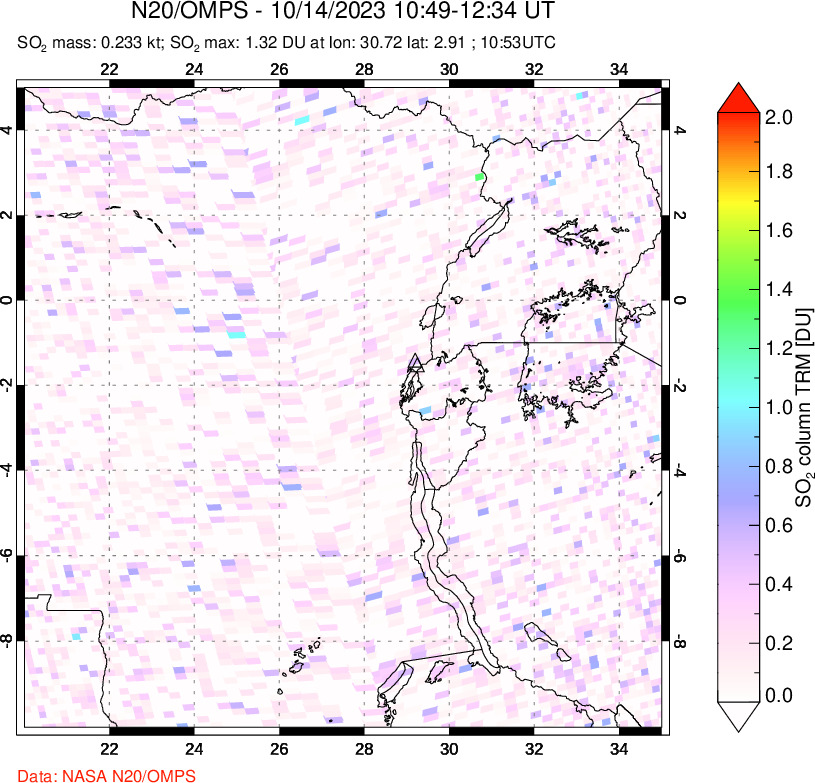 A sulfur dioxide image over Nyiragongo, DR Congo on Oct 14, 2023.