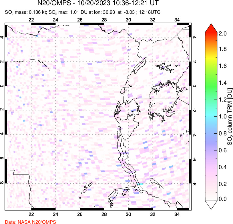 A sulfur dioxide image over Nyiragongo, DR Congo on Oct 20, 2023.