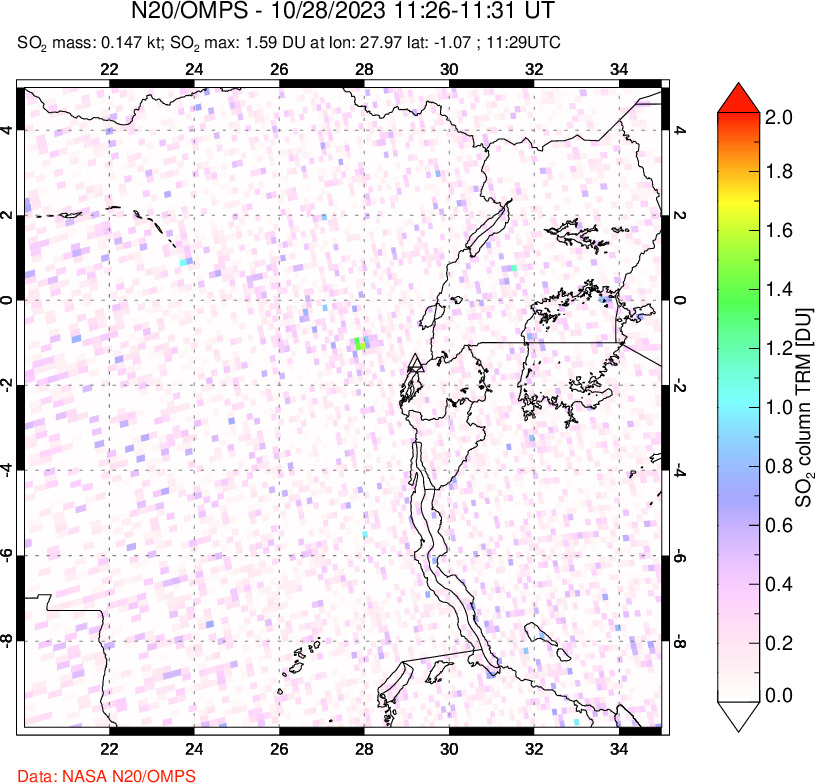 A sulfur dioxide image over Nyiragongo, DR Congo on Oct 28, 2023.