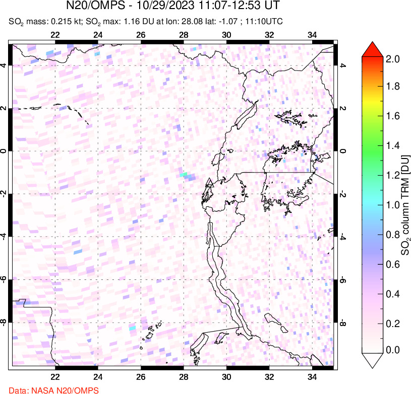 A sulfur dioxide image over Nyiragongo, DR Congo on Oct 29, 2023.