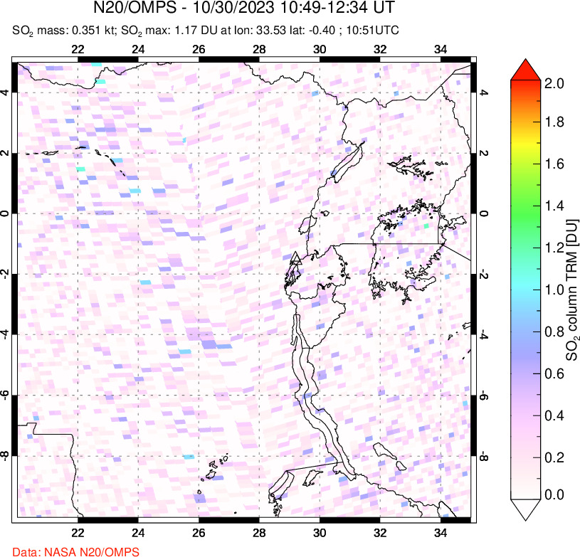 A sulfur dioxide image over Nyiragongo, DR Congo on Oct 30, 2023.