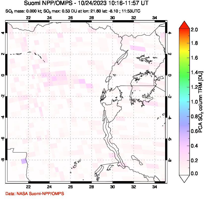 A sulfur dioxide image over Nyiragongo, DR Congo on Oct 24, 2023.