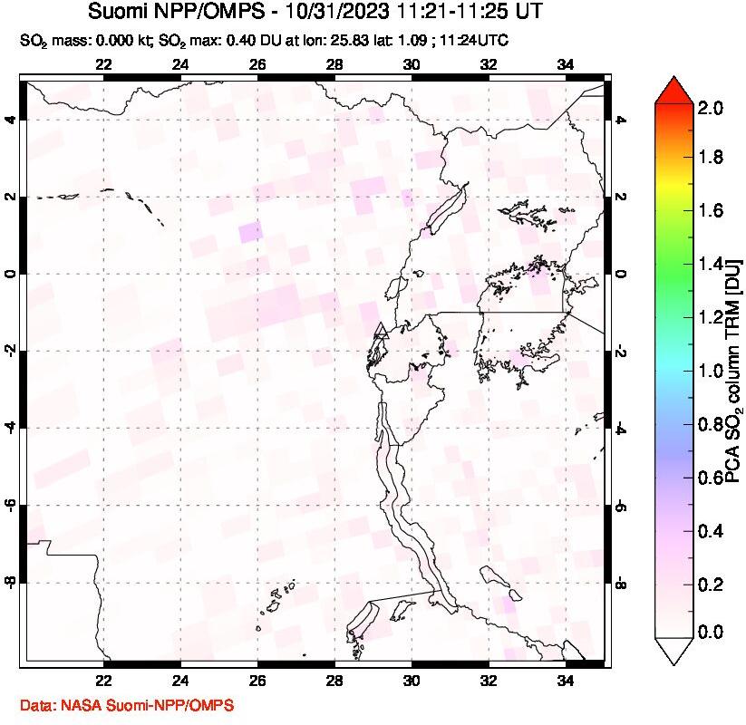 A sulfur dioxide image over Nyiragongo, DR Congo on Oct 31, 2023.