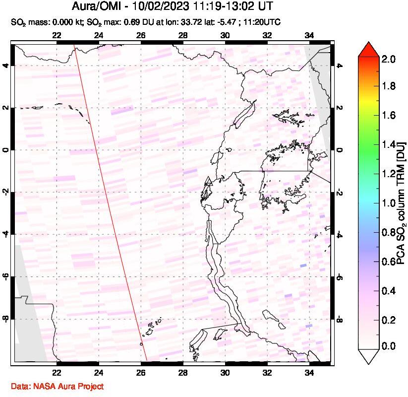 A sulfur dioxide image over Nyiragongo, DR Congo on Oct 02, 2023.