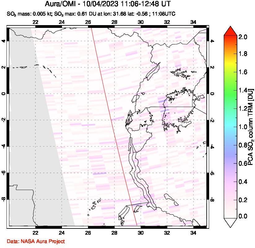 A sulfur dioxide image over Nyiragongo, DR Congo on Oct 04, 2023.