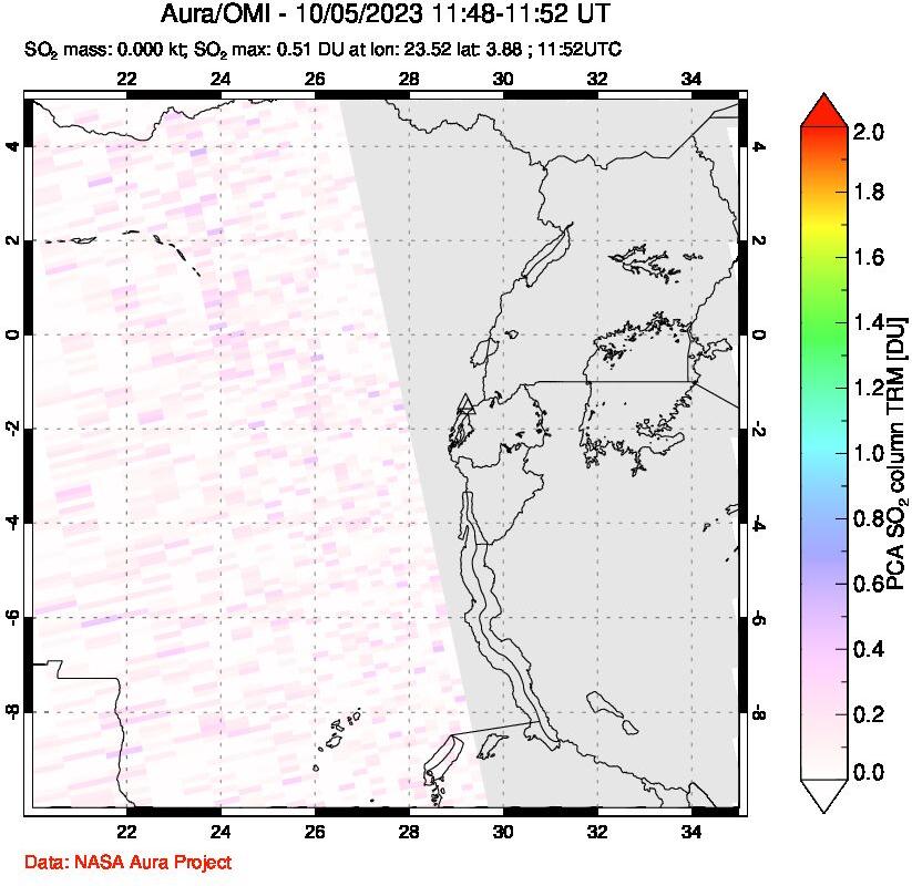 A sulfur dioxide image over Nyiragongo, DR Congo on Oct 05, 2023.