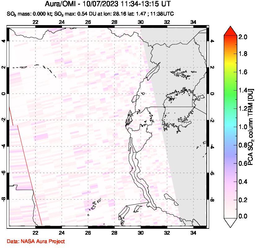 A sulfur dioxide image over Nyiragongo, DR Congo on Oct 07, 2023.