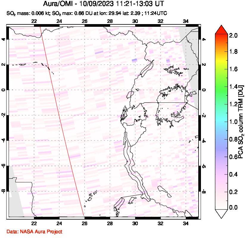 A sulfur dioxide image over Nyiragongo, DR Congo on Oct 09, 2023.