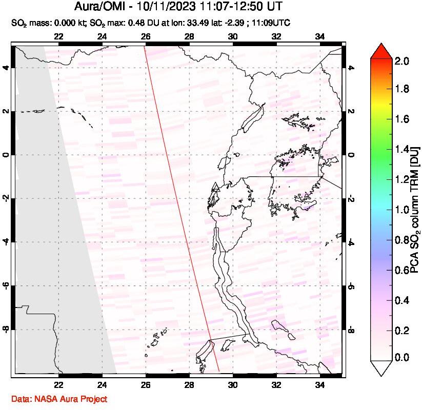 A sulfur dioxide image over Nyiragongo, DR Congo on Oct 11, 2023.