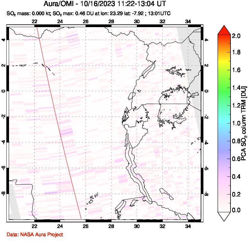 A sulfur dioxide image over Nyiragongo, DR Congo on Oct 16, 2023.