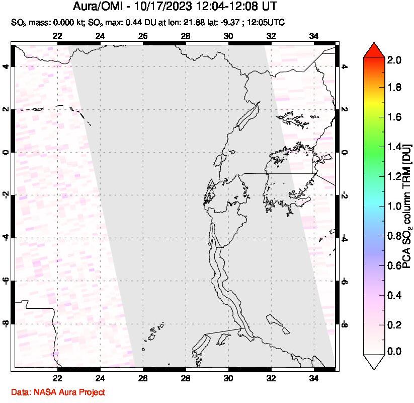 A sulfur dioxide image over Nyiragongo, DR Congo on Oct 17, 2023.