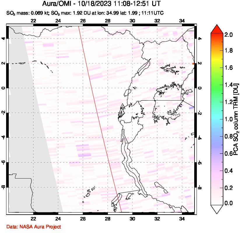 A sulfur dioxide image over Nyiragongo, DR Congo on Oct 18, 2023.