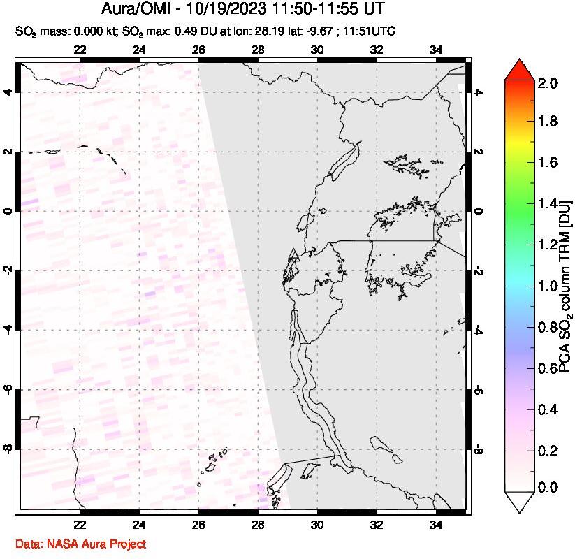 A sulfur dioxide image over Nyiragongo, DR Congo on Oct 19, 2023.