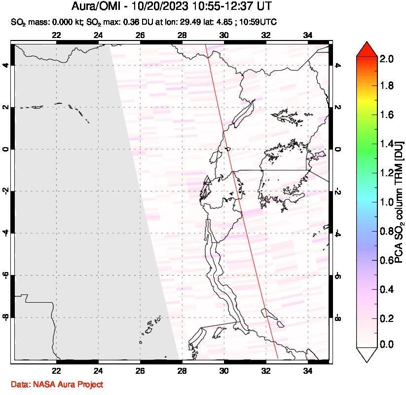 A sulfur dioxide image over Nyiragongo, DR Congo on Oct 20, 2023.