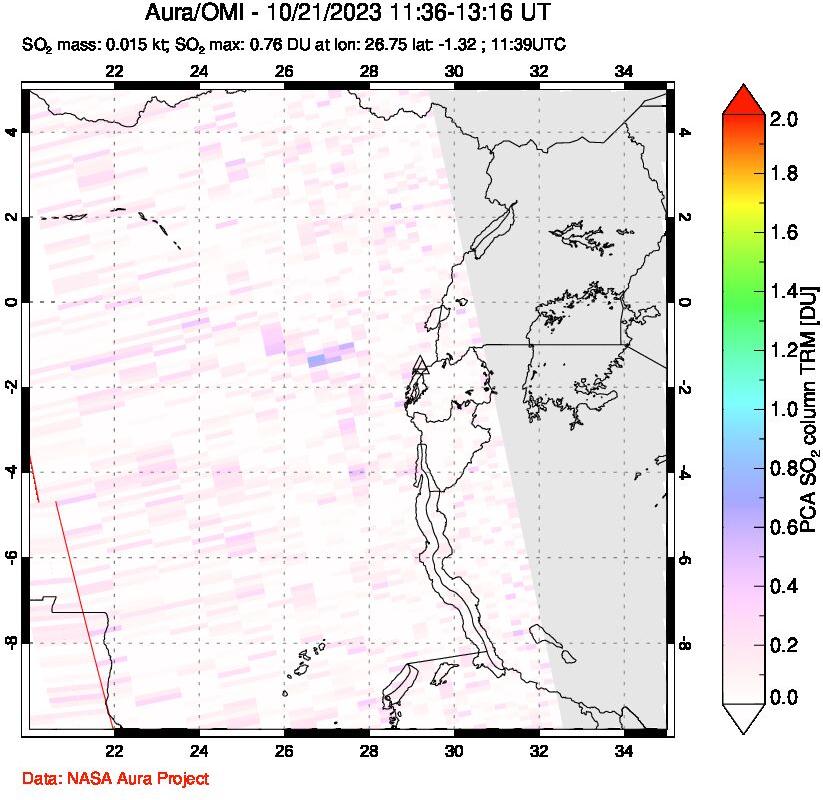 A sulfur dioxide image over Nyiragongo, DR Congo on Oct 21, 2023.