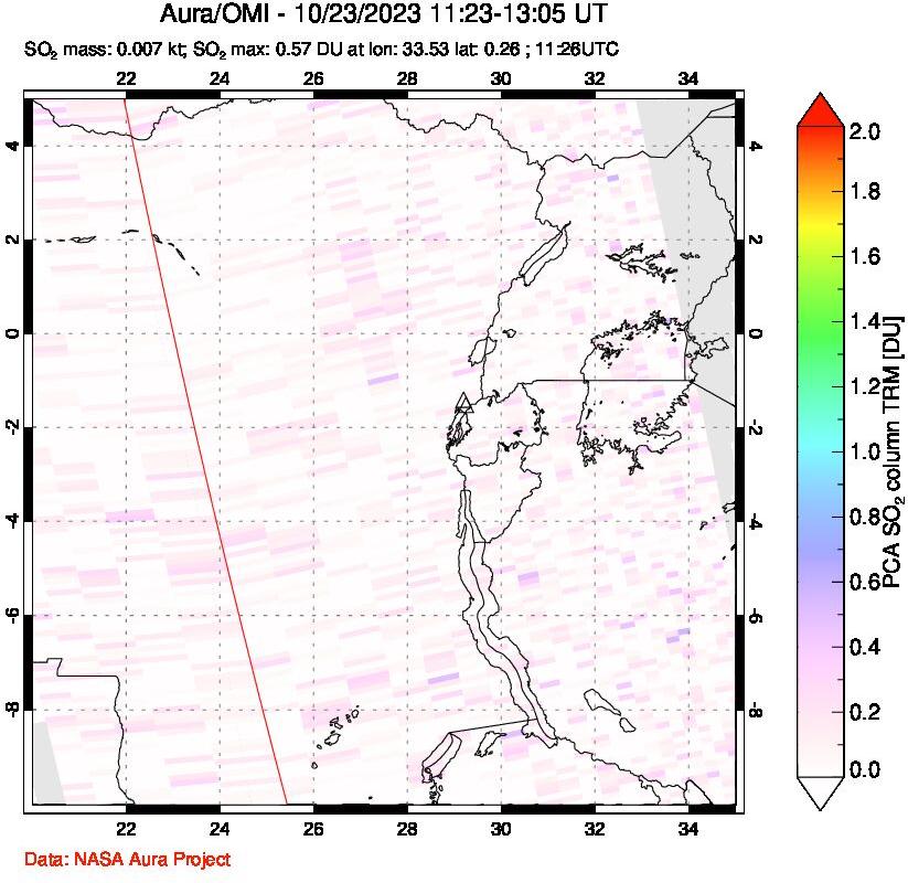 A sulfur dioxide image over Nyiragongo, DR Congo on Oct 23, 2023.