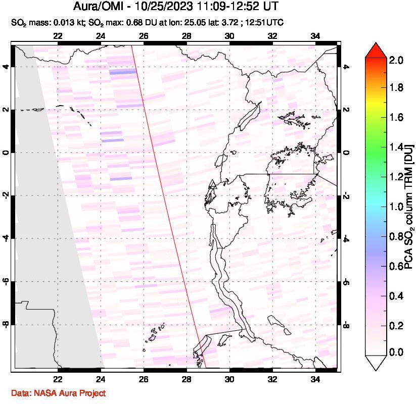 A sulfur dioxide image over Nyiragongo, DR Congo on Oct 25, 2023.