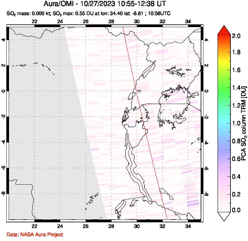 A sulfur dioxide image over Nyiragongo, DR Congo on Oct 27, 2023.