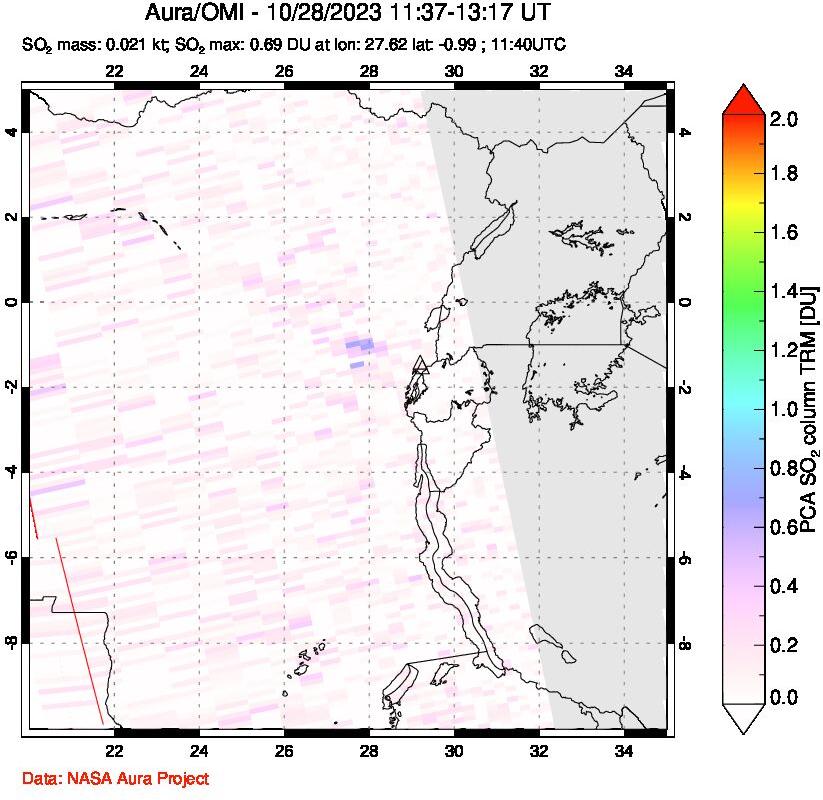 A sulfur dioxide image over Nyiragongo, DR Congo on Oct 28, 2023.